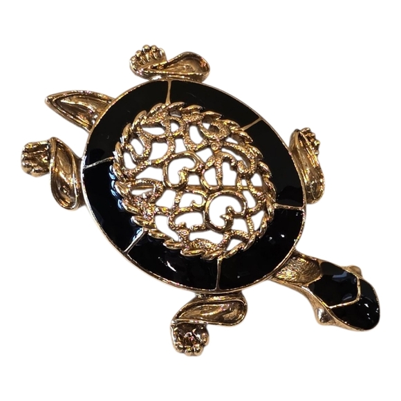 1928 Turtle Black Enamel Goldtone Filigree Brooch - Picture 2 of 4